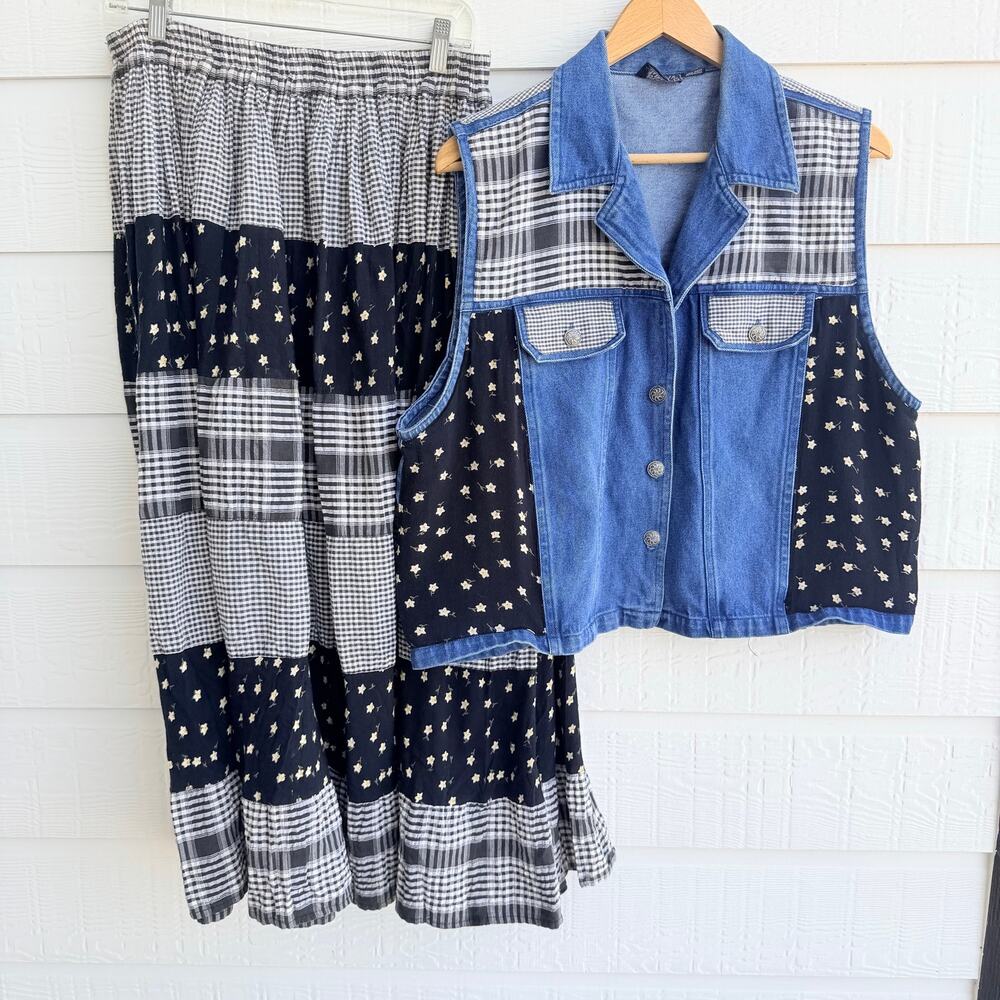 Shelly & Arnold 2X Patchwork Denim Vest Prairie Skirt Set Cottagecore Boho